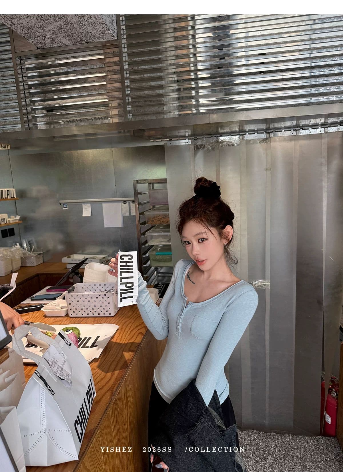 사람들 면 yishez 진짜 착용 이른 가을 주머니 헨리 셔츠 몸매 가꾸기 긴 소매 티셔츠 상세 이미지 19