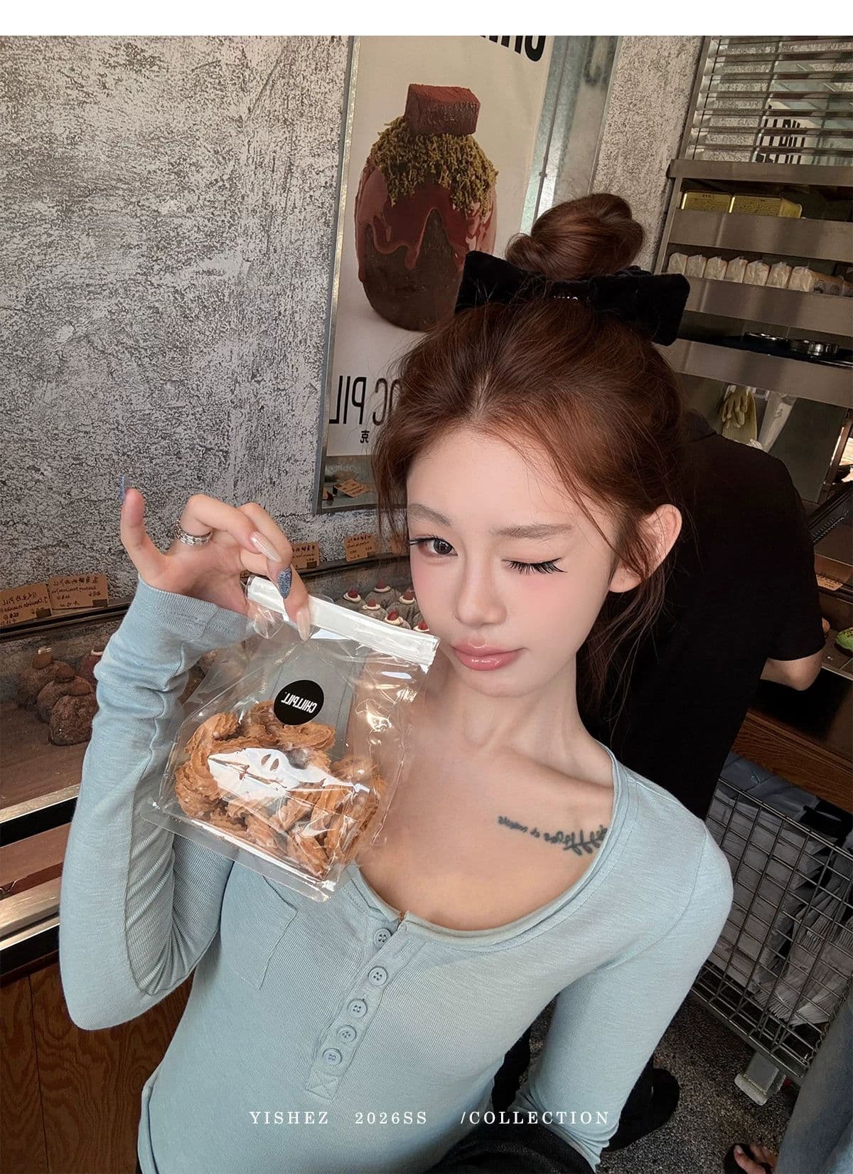 사람들 면 yishez 진짜 착용 이른 가을 주머니 헨리 셔츠 몸매 가꾸기 긴 소매 티셔츠 상세 이미지 20