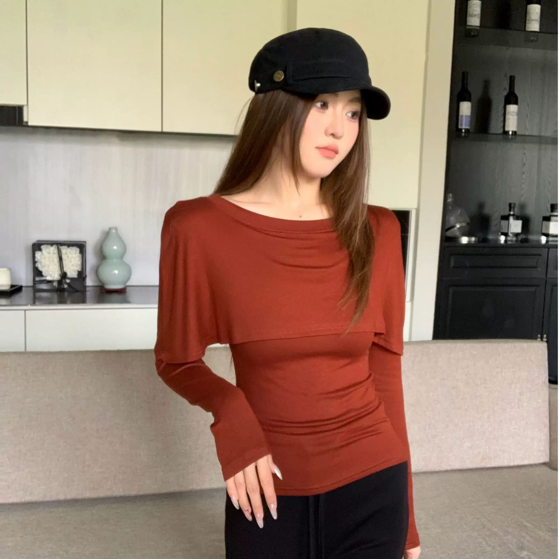 사람들 면 한 부서 표지 고기 망토 페이크 레이어드 라운드 넥 긴팔 여성 조기 가을 디자인 센스 슬림해 보이는 기본 셔츠 맨위 이미지 4