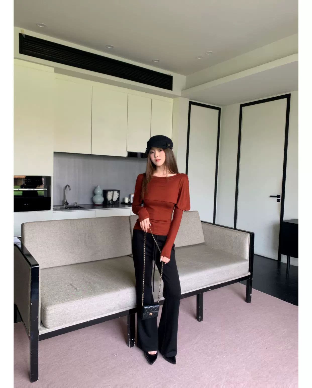 사람들 면 한 부서 표지 고기 망토 페이크 레이어드 라운드 넥 긴팔 여성 조기 가을 디자인 센스 슬림해 보이는 기본 셔츠 맨위 상세 이미지 3