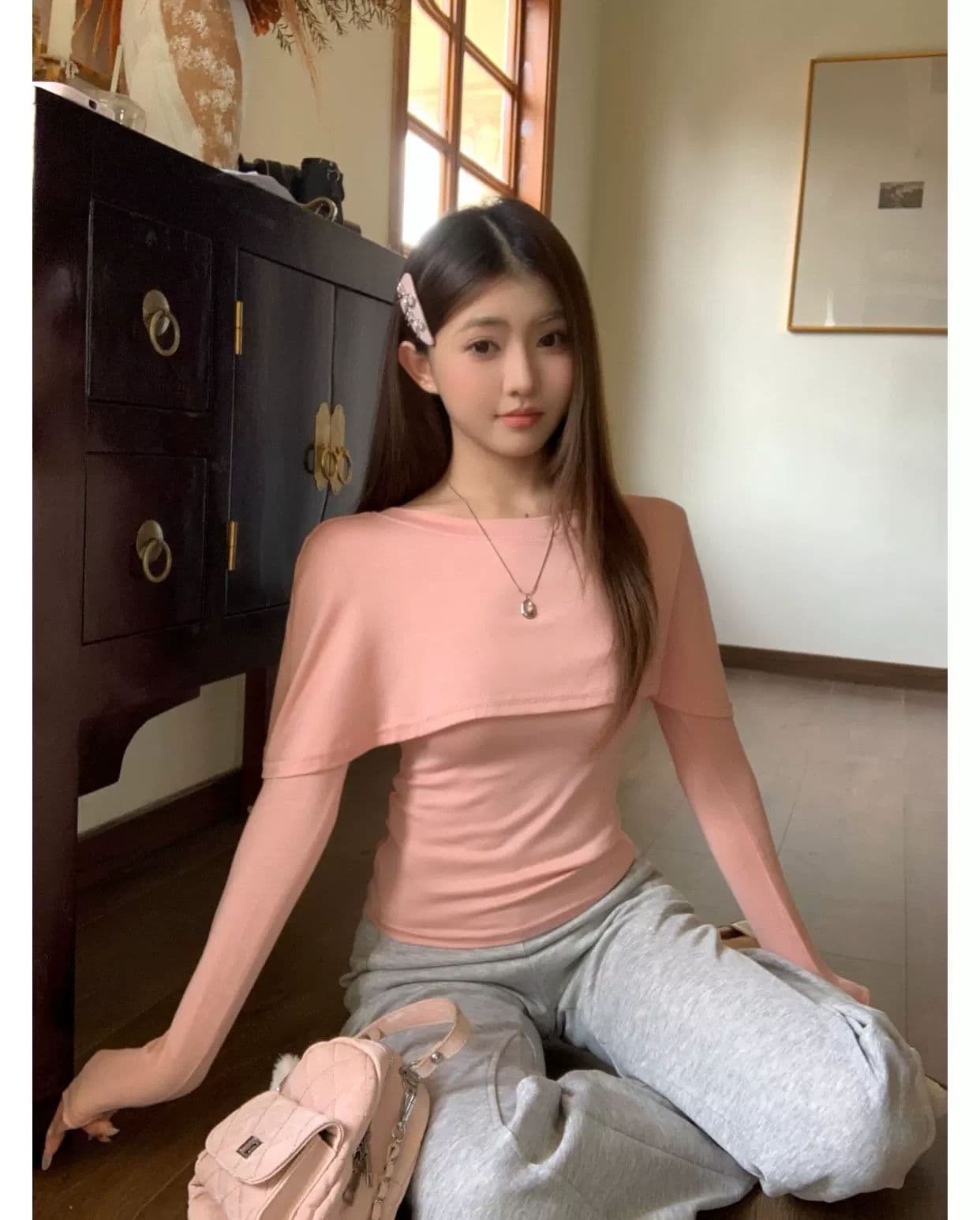 사람들 면 한 부서 표지 고기 망토 페이크 레이어드 라운드 넥 긴팔 여성 조기 가을 디자인 센스 슬림해 보이는 기본 셔츠 맨위 상세 이미지 10