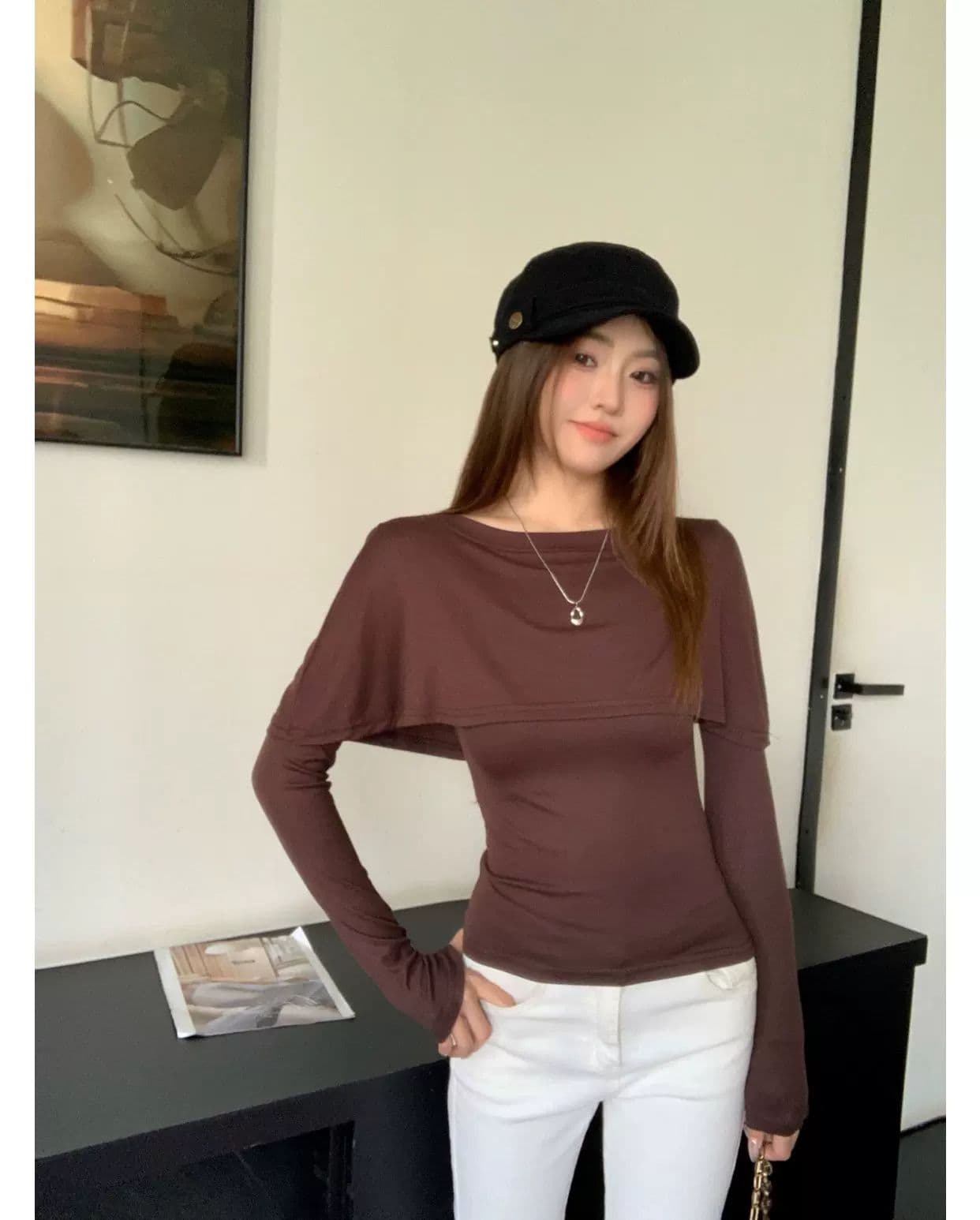사람들 면 한 부서 표지 고기 망토 페이크 레이어드 라운드 넥 긴팔 여성 조기 가을 디자인 센스 슬림해 보이는 기본 셔츠 맨위 상세 이미지 11