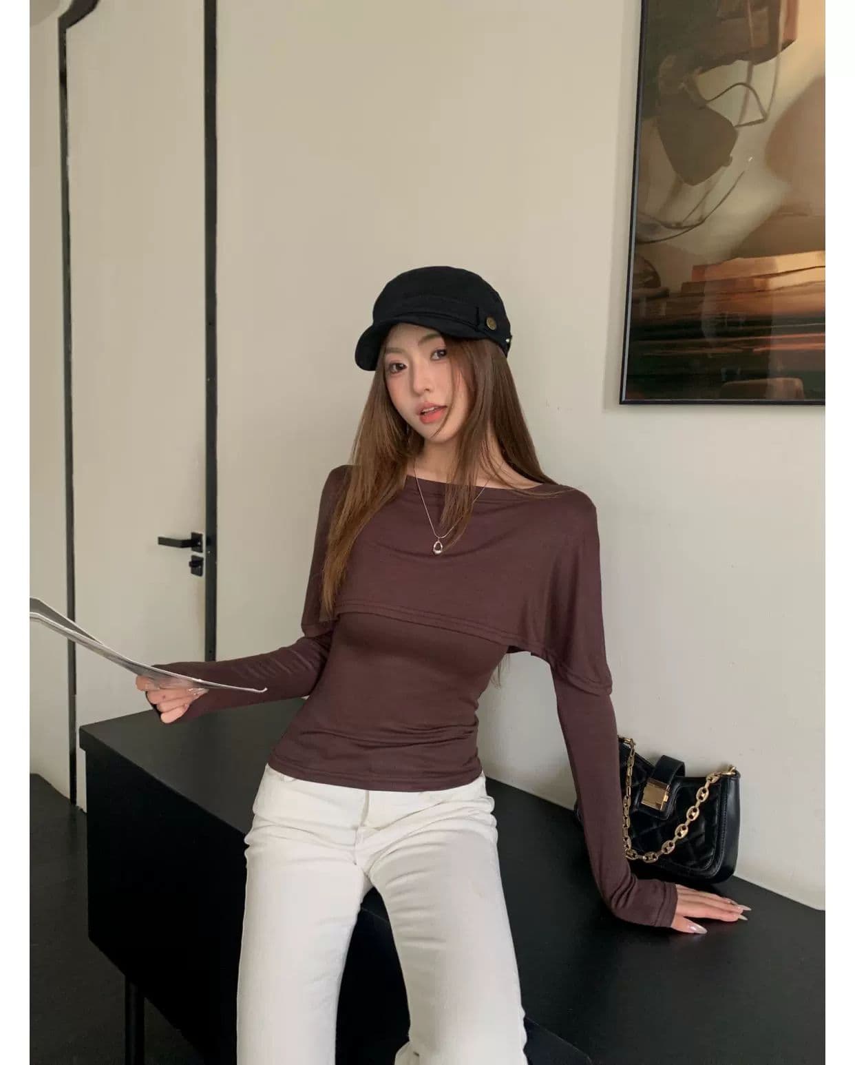 사람들 면 한 부서 표지 고기 망토 페이크 레이어드 라운드 넥 긴팔 여성 조기 가을 디자인 센스 슬림해 보이는 기본 셔츠 맨위 상세 이미지 12