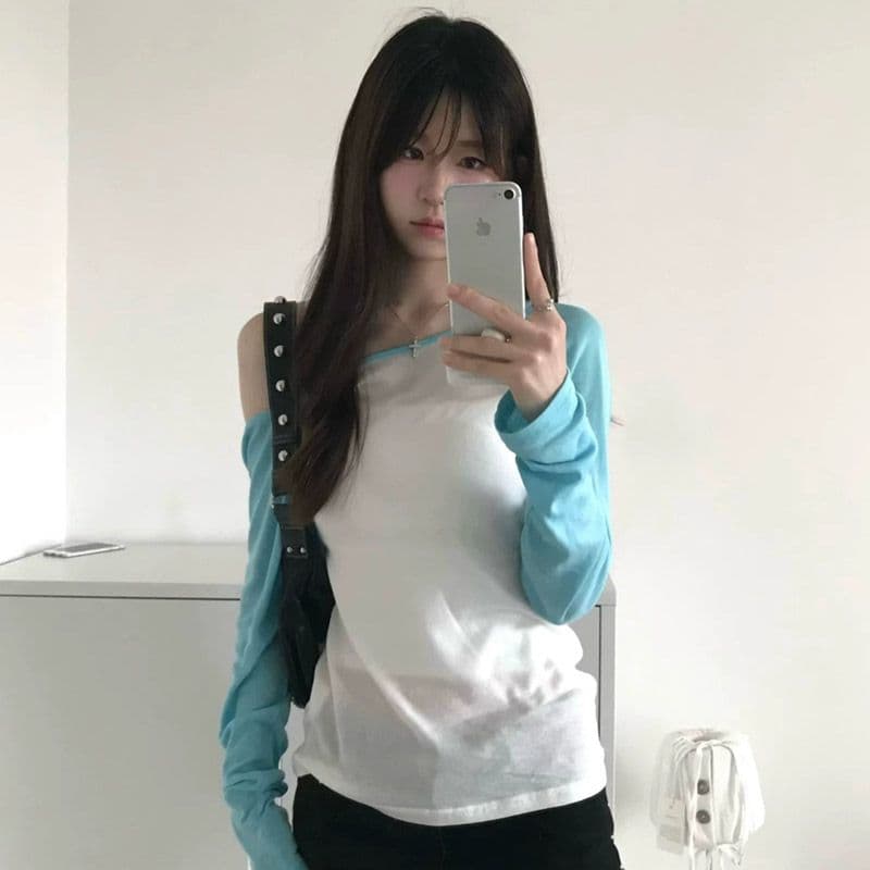 원본 눈꽃 면 패치워크 배색 여성 이른 가을 얇은 몸매 가꾸기 긴팔 비스듬한 어깨 의류 기본 셔츠