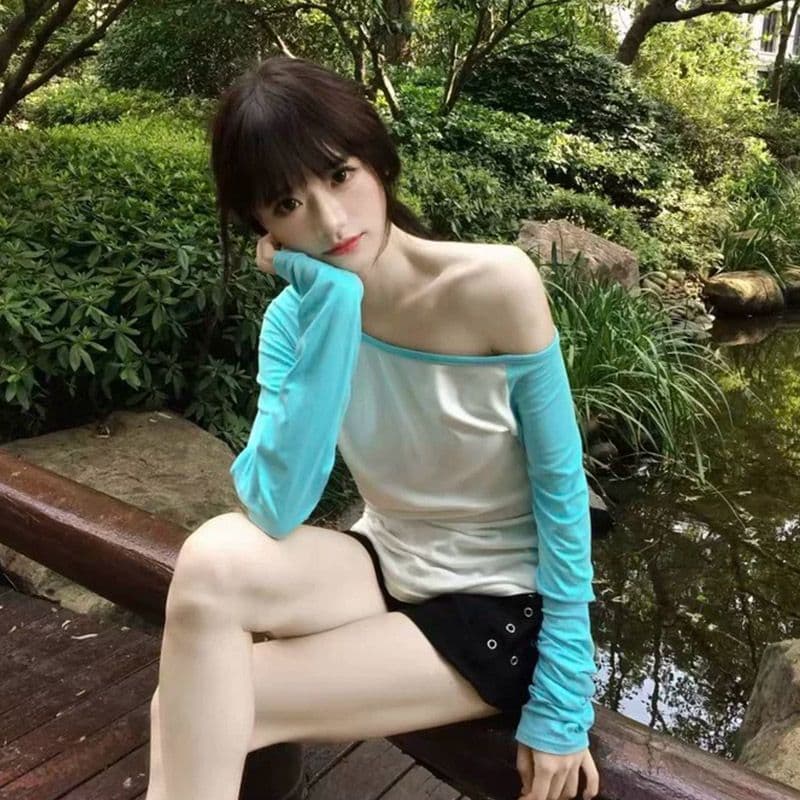 원본 눈꽃 면 패치워크 배색 여성 이른 가을 얇은 몸매 가꾸기 긴팔 비스듬한 어깨 의류 기본 셔츠 이미지 2