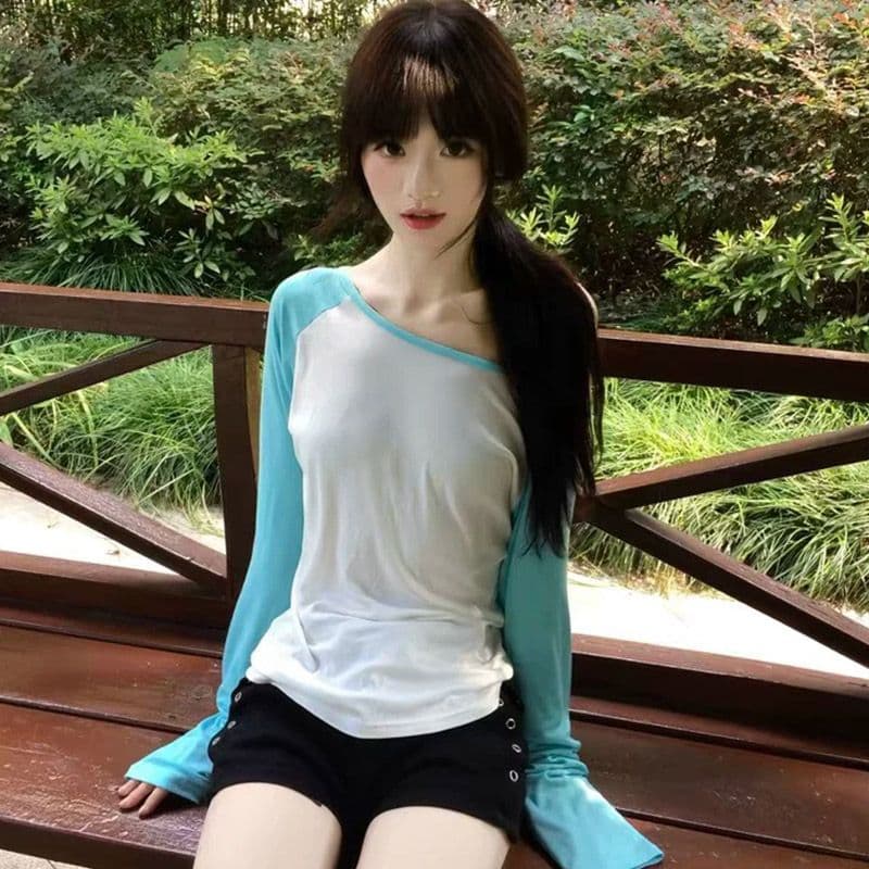 원본 눈꽃 면 패치워크 배색 여성 이른 가을 얇은 몸매 가꾸기 긴팔 비스듬한 어깨 의류 기본 셔츠 이미지 3