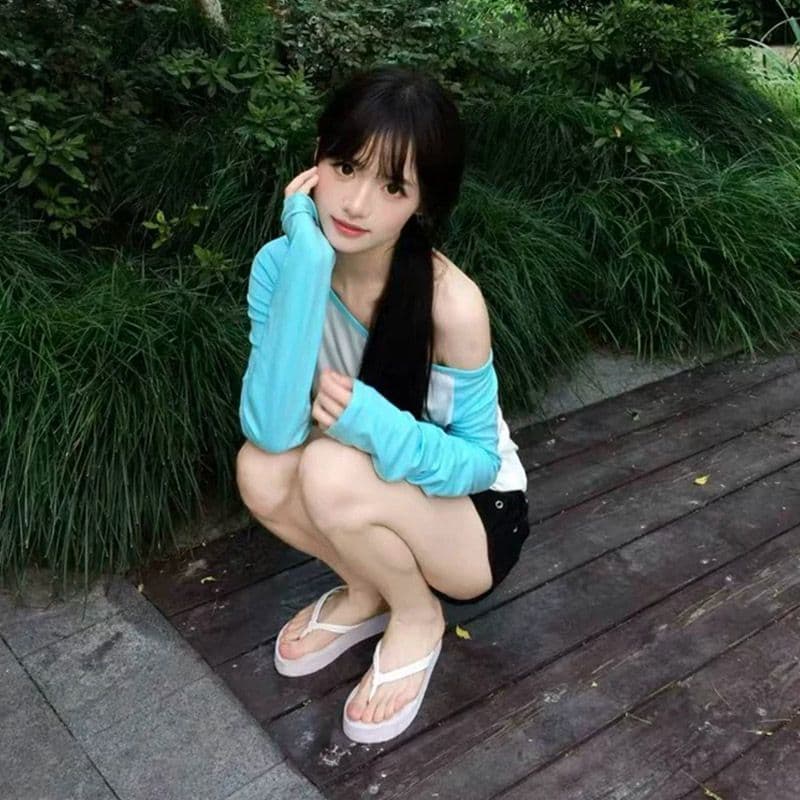 원본 눈꽃 면 패치워크 배색 여성 이른 가을 얇은 몸매 가꾸기 긴팔 비스듬한 어깨 의류 기본 셔츠 이미지 4