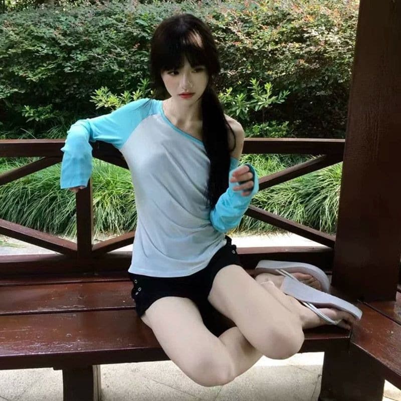 원본 눈꽃 면 패치워크 배색 여성 이른 가을 얇은 몸매 가꾸기 긴팔 비스듬한 어깨 의류 기본 셔츠 이미지 5