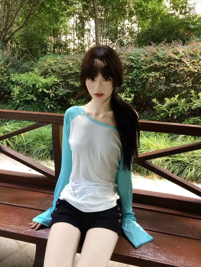 원본 눈꽃 면 패치워크 배색 여성 이른 가을 얇은 몸매 가꾸기 긴팔 비스듬한 어깨 의류 기본 셔츠 상세 이미지 3