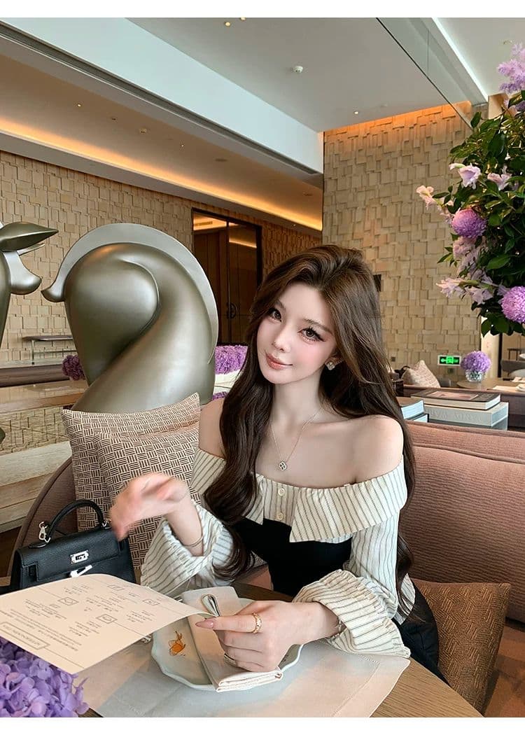치우 고기 야오 높음 지혜 자매 배색 패치워크 니트 스웨터 여성 가을 오프숄더 순수한 욕망 허리 수축 맨위 상세 이미지 5