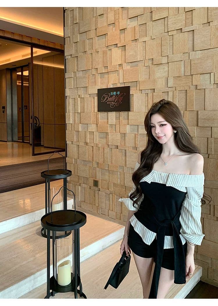 치우 고기 야오 높음 지혜 자매 배색 패치워크 니트 스웨터 여성 가을 오프숄더 순수한 욕망 허리 수축 맨위 상세 이미지 6