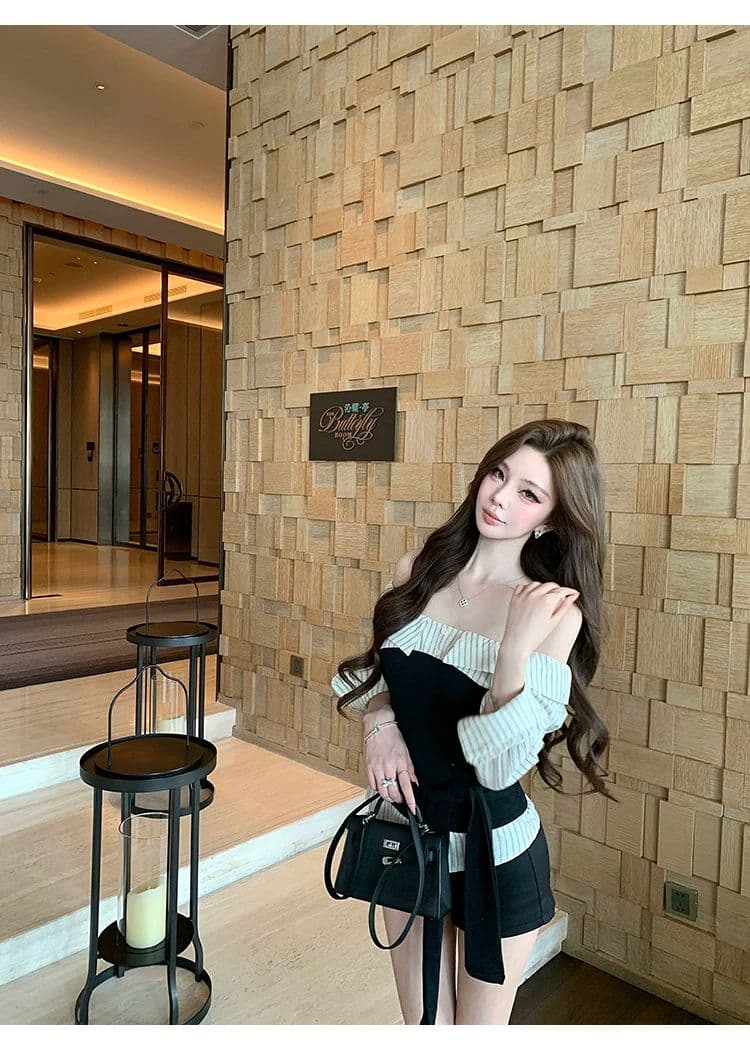 치우 고기 야오 높음 지혜 자매 배색 패치워크 니트 스웨터 여성 가을 오프숄더 순수한 욕망 허리 수축 맨위 상세 이미지 15