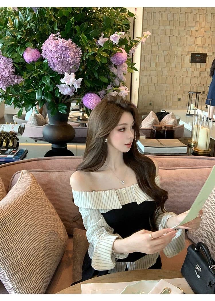 치우 고기 야오 높음 지혜 자매 배색 패치워크 니트 스웨터 여성 가을 오프숄더 순수한 욕망 허리 수축 맨위 상세 이미지 17