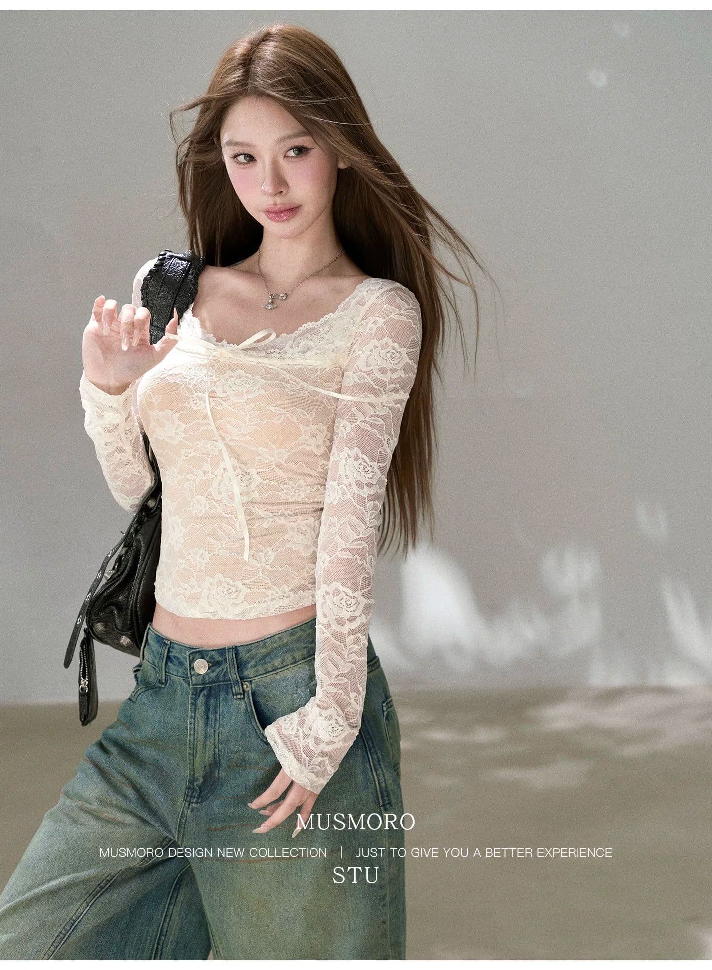 fuunj 3 차원 장미 자카드 새싹 실크 한 단어 플랫 V넥 패치워크 피부 색조 안감 나만의 것을 가져와 라. 가슴 패드 레이스 셔츠 상세 이미지 12