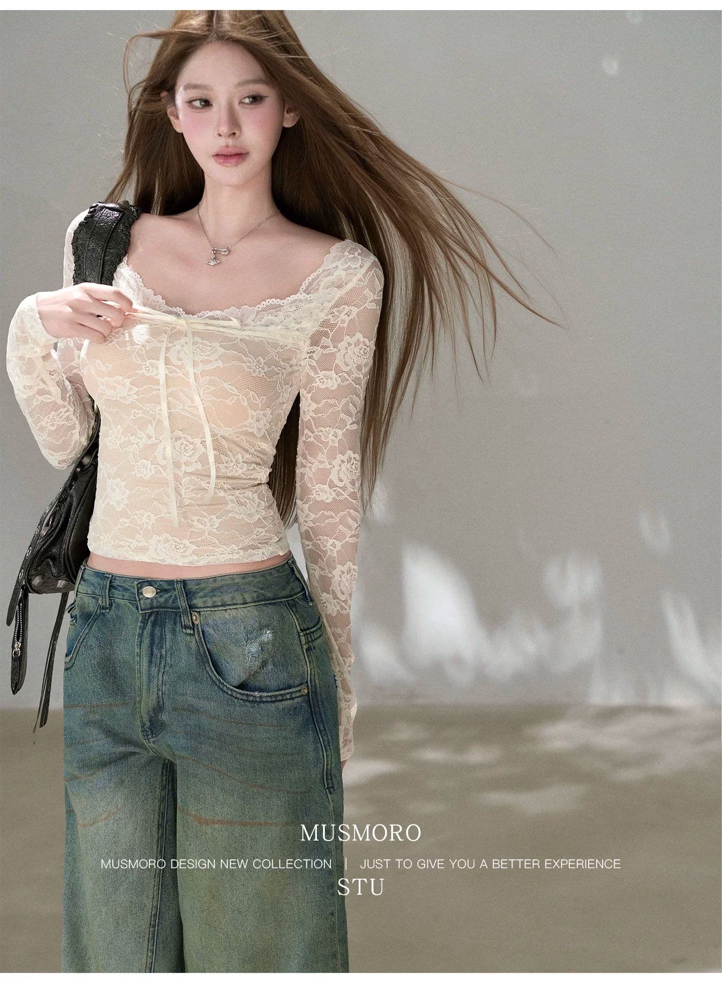 fuunj 3 차원 장미 자카드 새싹 실크 한 단어 플랫 V넥 패치워크 피부 색조 안감 나만의 것을 가져와 라. 가슴 패드 레이스 셔츠 상세 이미지 15