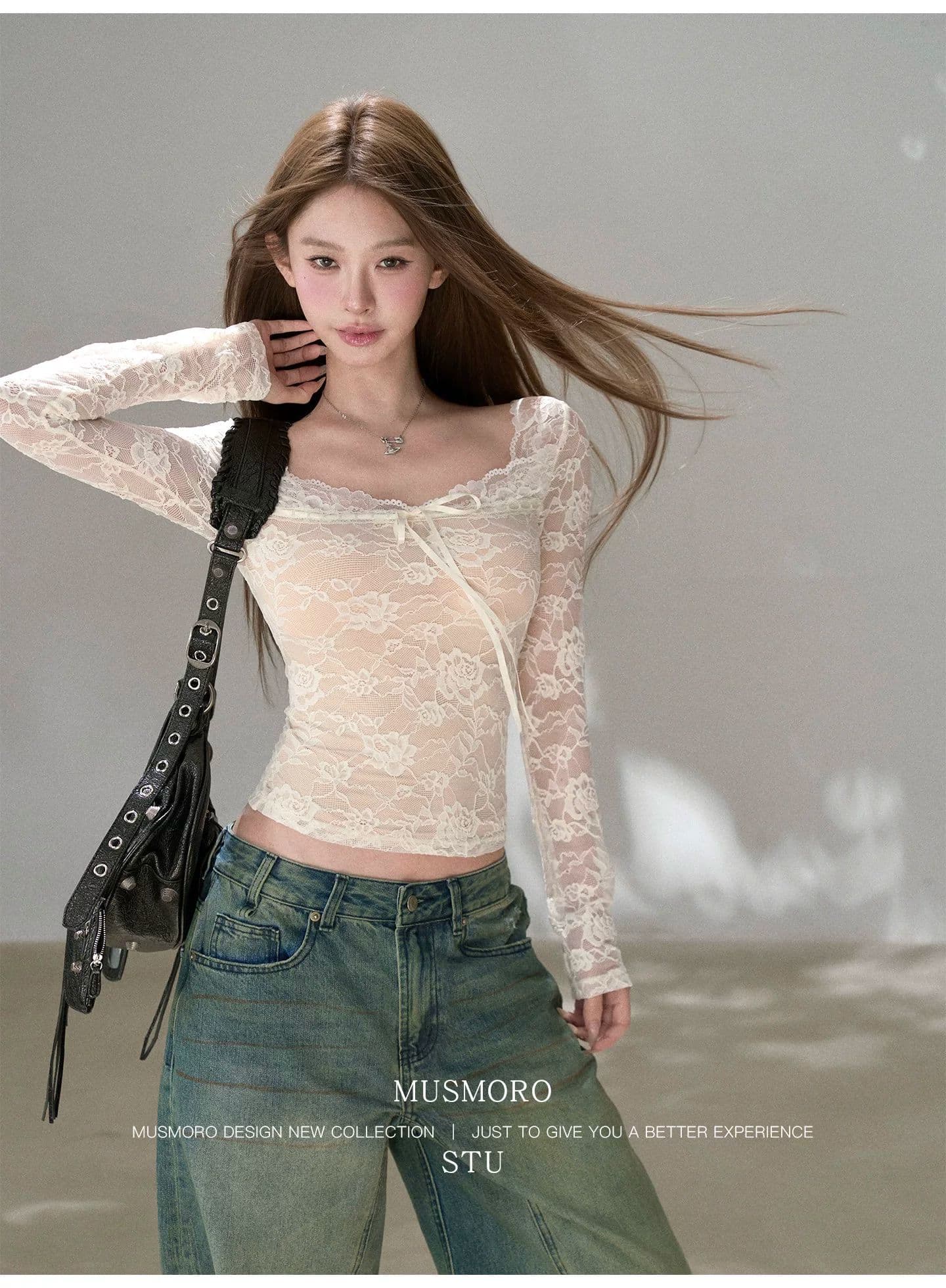 fuunj 3 차원 장미 자카드 새싹 실크 한 단어 플랫 V넥 패치워크 피부 색조 안감 나만의 것을 가져와 라. 가슴 패드 레이스 셔츠 상세 이미지 20