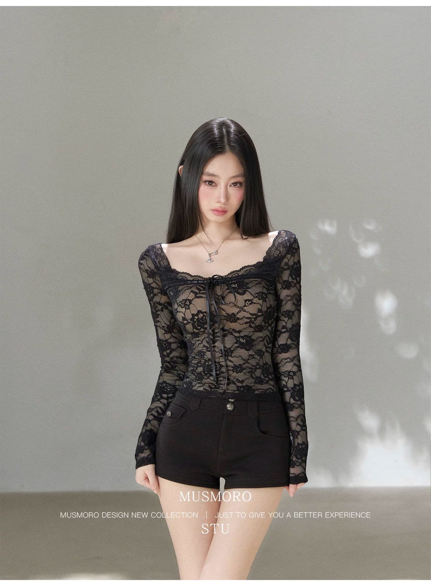 fuunj 3 차원 장미 자카드 새싹 실크 한 단어 플랫 V넥 패치워크 피부 색조 안감 나만의 것을 가져와 라. 가슴 패드 레이스 셔츠 상세 이미지 26