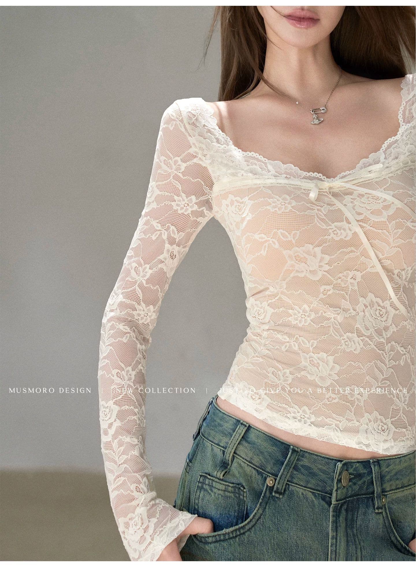 fuunj 3 차원 장미 자카드 새싹 실크 한 단어 플랫 V넥 패치워크 피부 색조 안감 나만의 것을 가져와 라. 가슴 패드 레이스 셔츠 상세 이미지 29