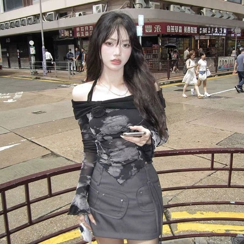 달콤한 차가운 핫걸 오프숄더 프린트 티셔츠 여성 봄 가을 몸매 가꾸기 쇼트 스타일 긴팔 망사 행침 목 맨위 이미지 3