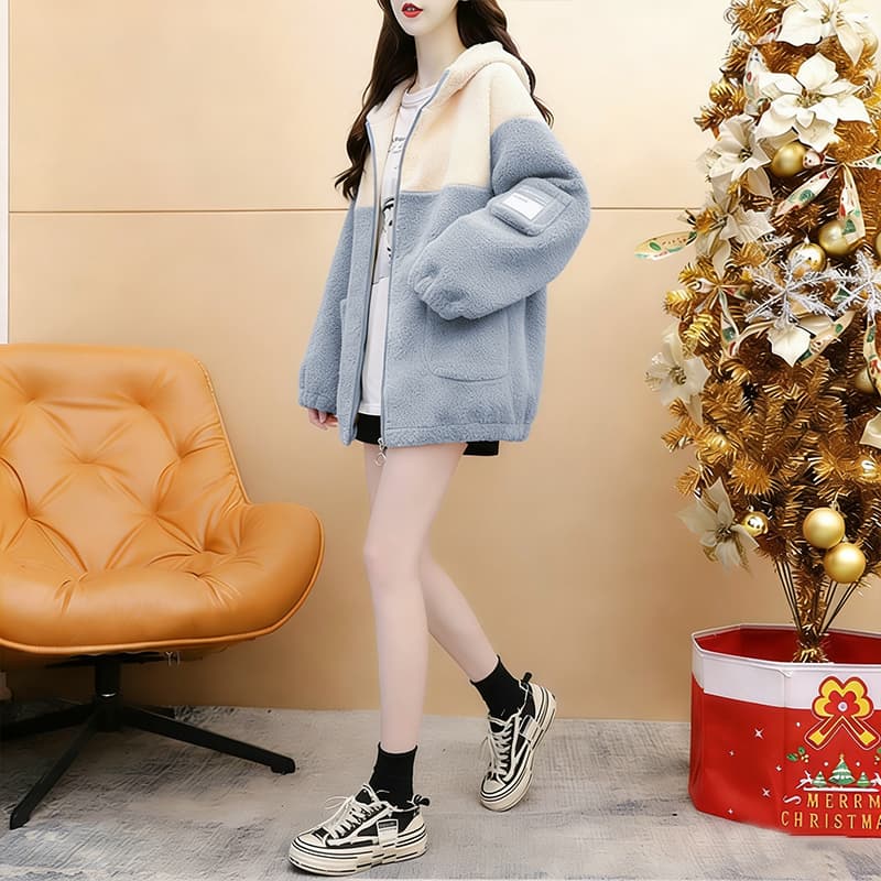 실사 과립 플러시 복잡한 오스트리아 과립 플러시 450 그램 겨울 털이 있고 두꺼운 양털 플리스 후드 재킷 후드티 여성 상세 이미지 13