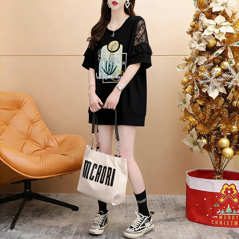 실사 순면 21 200그램 2026 여름 루즈핏 레이스 조각 홀로우 아웃 반팔 티셔츠 여성 상세 이미지 9