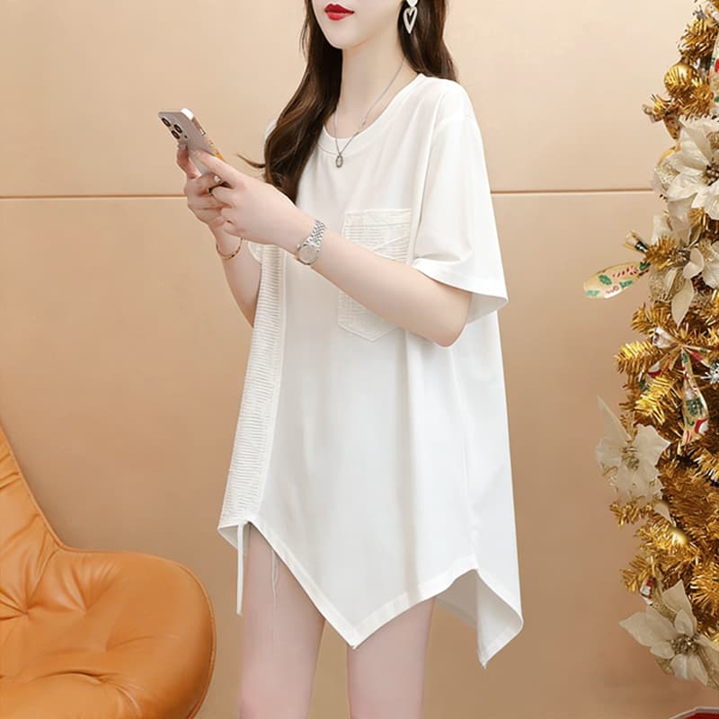 실사 순면 21 200그램 2026 여름 루즈핏 빅 사이즈 불규칙 패치워크 주머니 반팔 티셔츠 상세 이미지 2
