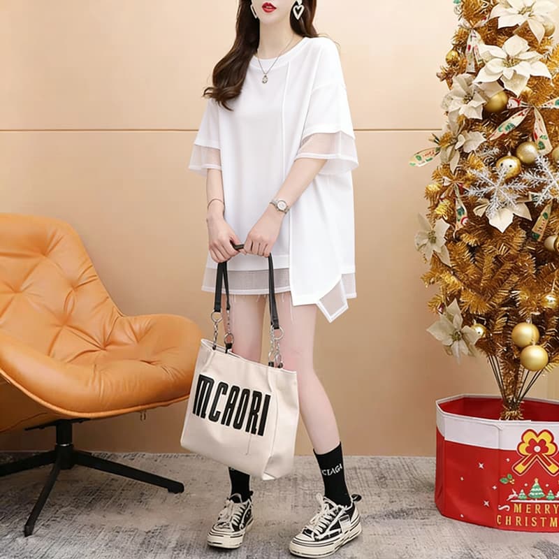 실사 순면 21 200그램 2026 여름 실 인터넷 패치워크 불규칙 루즈핏 반팔 티셔츠 여성 이미지 3