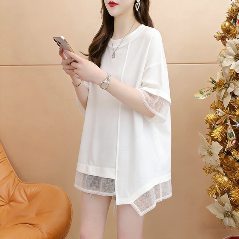 실사 순면 21 200그램 2026 여름 실 인터넷 패치워크 불규칙 루즈핏 반팔 티셔츠 여성 상세 이미지 2