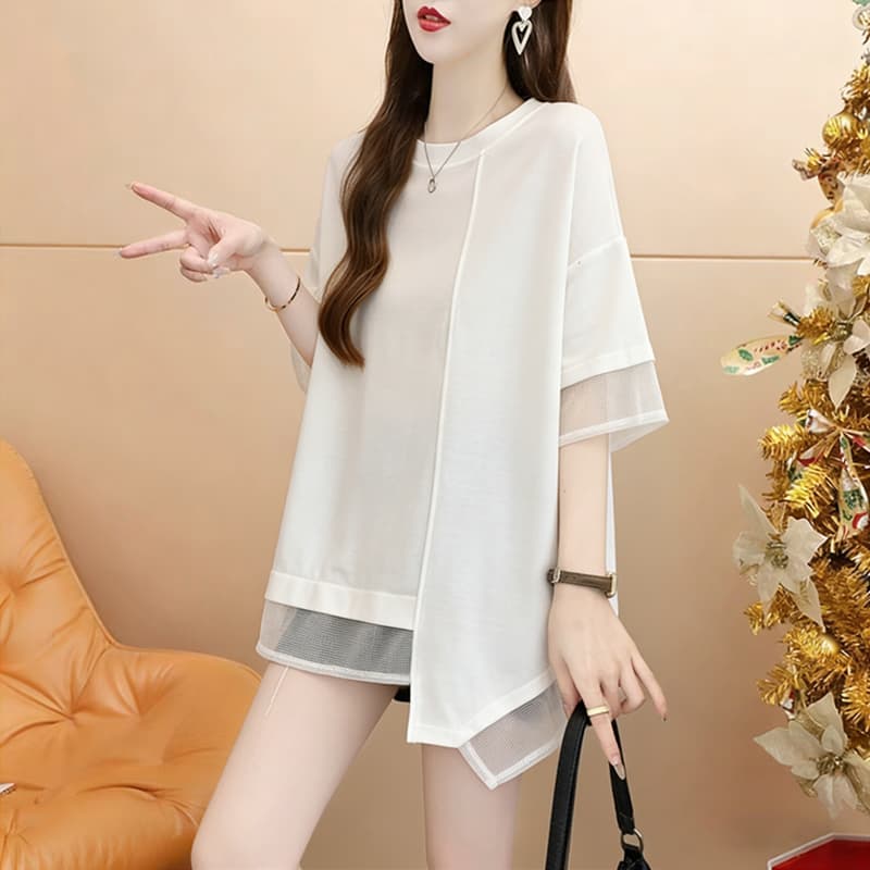 실사 순면 21 200그램 2026 여름 실 인터넷 패치워크 불규칙 루즈핏 반팔 티셔츠 여성 상세 이미지 5