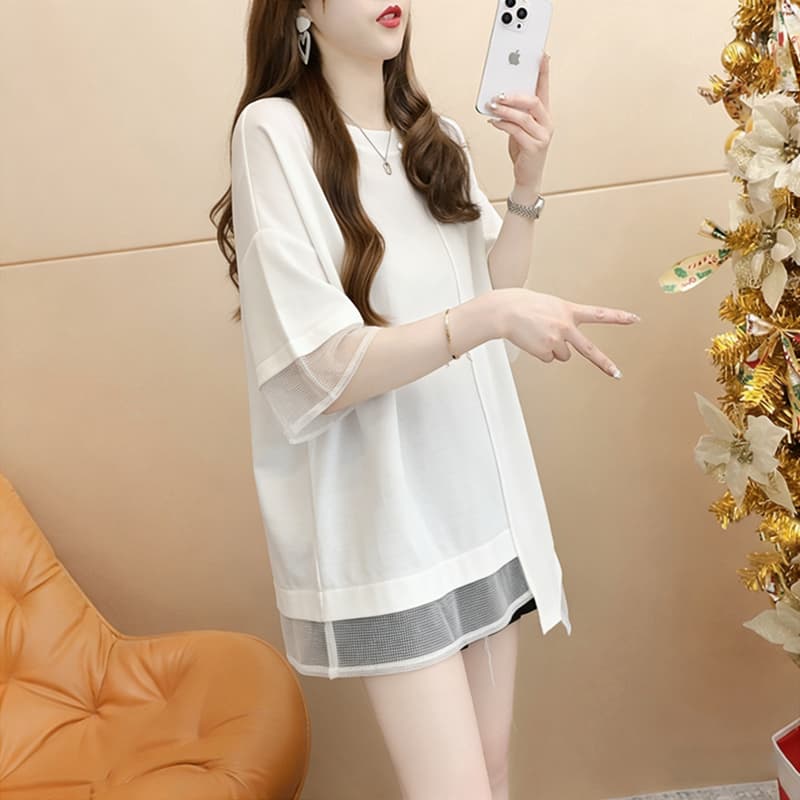 실사 순면 21 200그램 2026 여름 실 인터넷 패치워크 불규칙 루즈핏 반팔 티셔츠 여성 상세 이미지 6