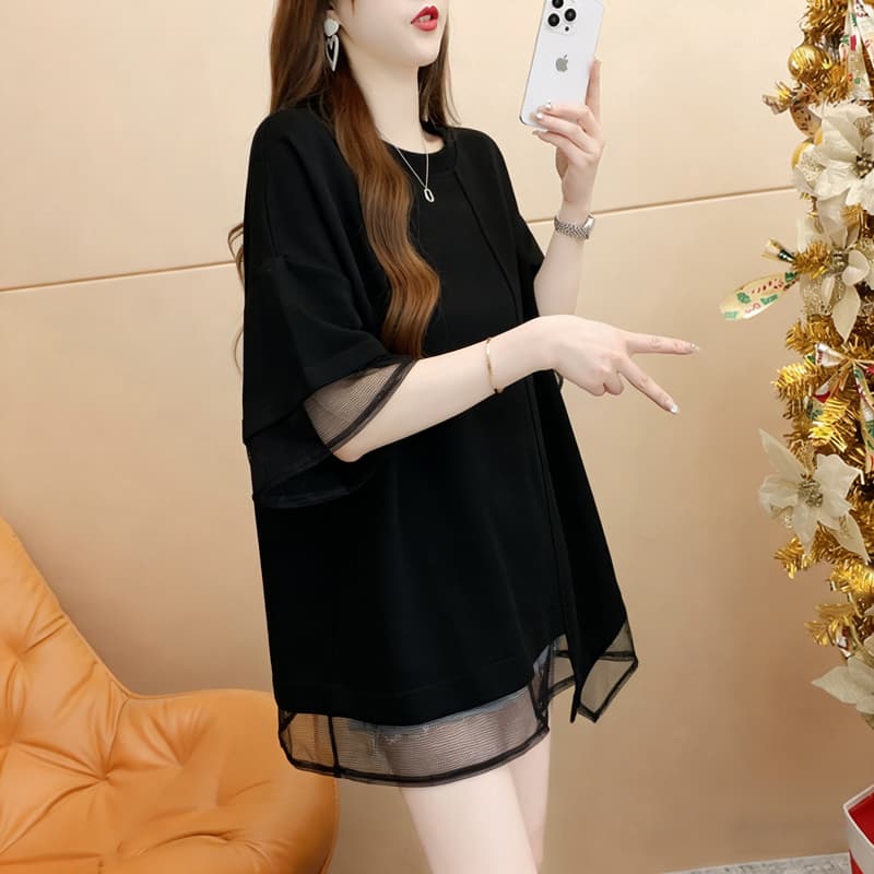 실사 순면 21 200그램 2026 여름 실 인터넷 패치워크 불규칙 루즈핏 반팔 티셔츠 여성 상세 이미지 13
