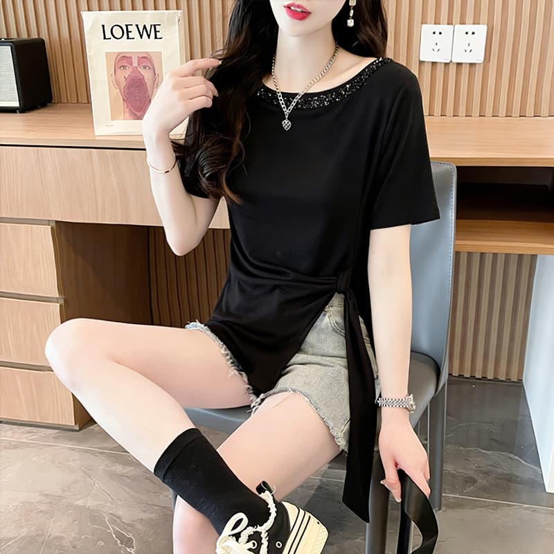 실사 92 면 2026 여름 루즈핏 레이스업 불규칙 스팽글 라운드 넥 반팔 티셔츠 상세 이미지 7