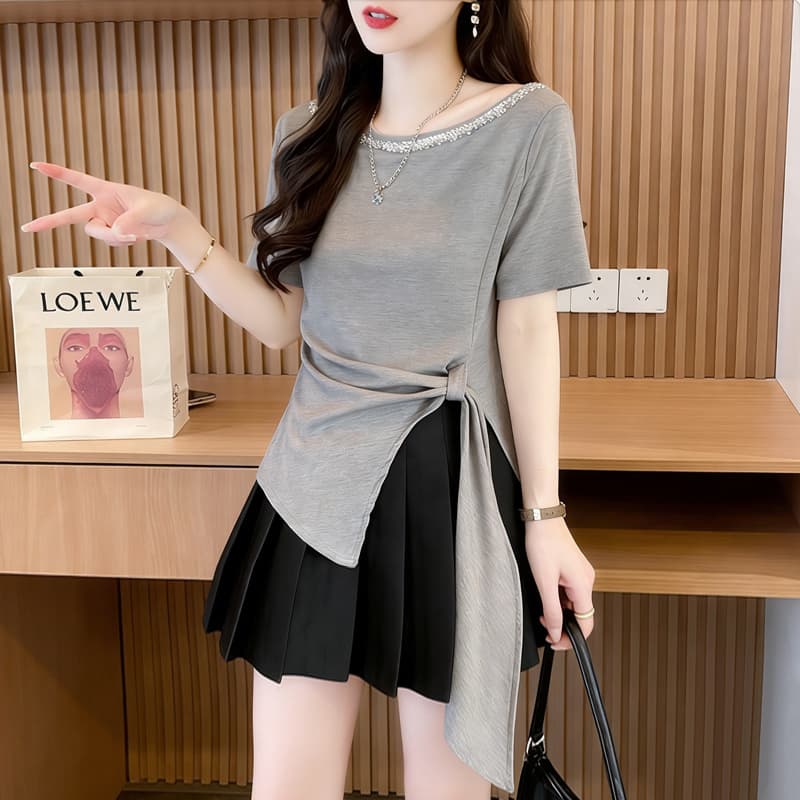 실사 92 면 2026 여름 루즈핏 레이스업 불규칙 스팽글 라운드 넥 반팔 티셔츠 상세 이미지 10