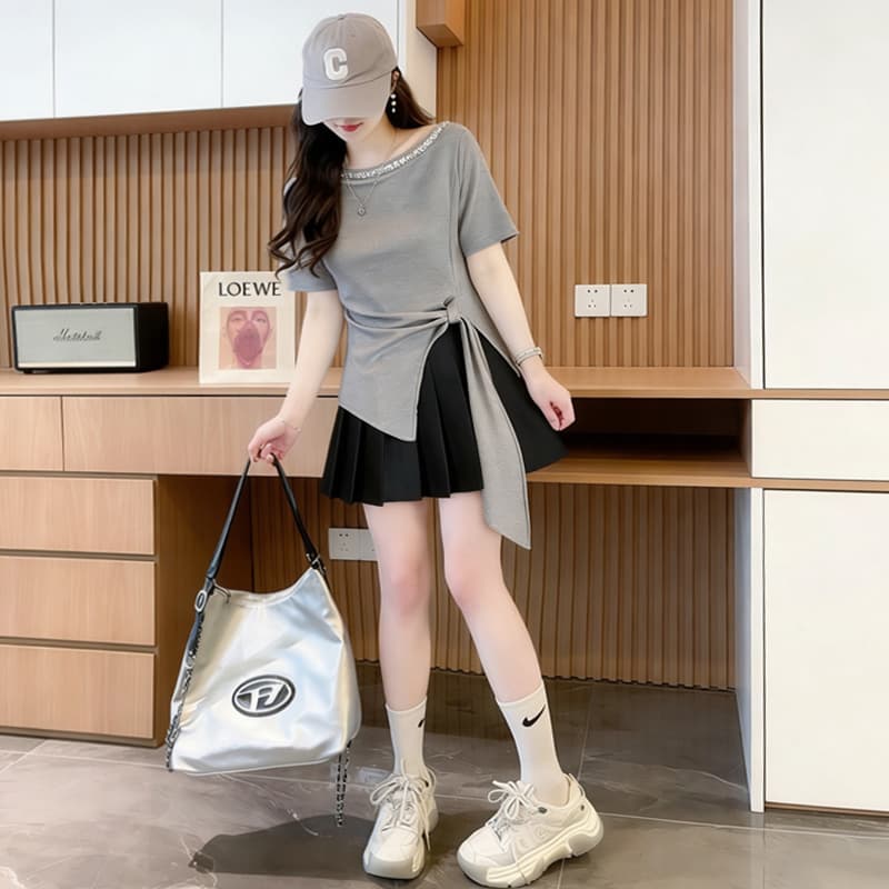 실사 92 면 2026 여름 루즈핏 레이스업 불규칙 스팽글 라운드 넥 반팔 티셔츠 상세 이미지 13
