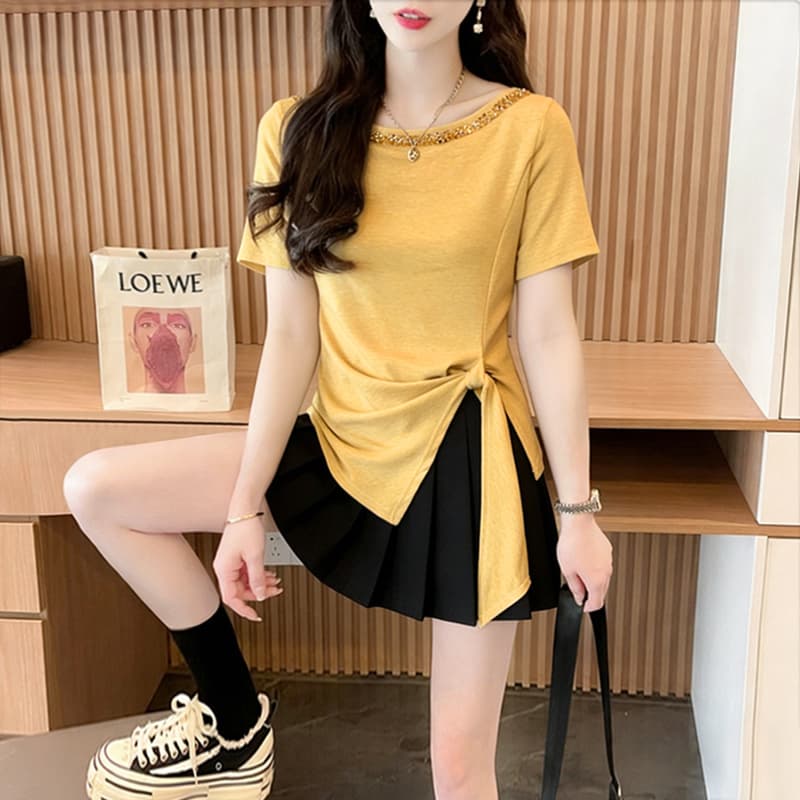 실사 92 면 2026 여름 루즈핏 레이스업 불규칙 스팽글 라운드 넥 반팔 티셔츠 상세 이미지 21
