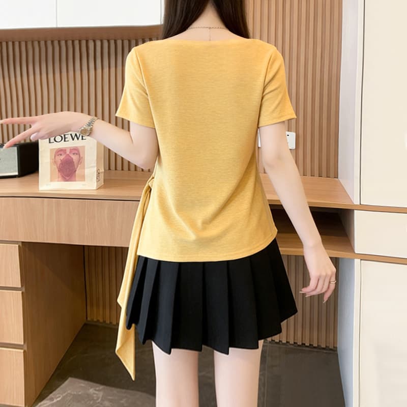 실사 92 면 2026 여름 루즈핏 레이스업 불규칙 스팽글 라운드 넥 반팔 티셔츠 이미지 2