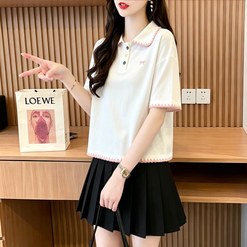 실사 40 92 면 2026 여름 POLO 칼라 쇼트 스타일 반팔 티셔츠 여성 자수 나비 매듭 동정 맨위 이미지 5