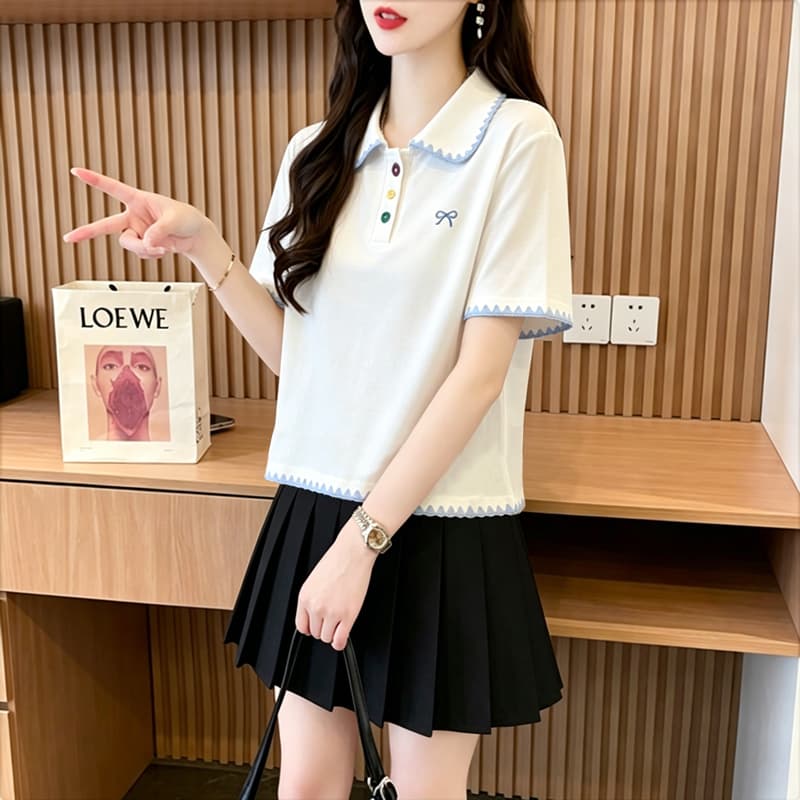 실사 40 92 면 2026 여름 POLO 칼라 쇼트 스타일 반팔 티셔츠 여성 자수 나비 매듭 동정 맨위 이미지 2
