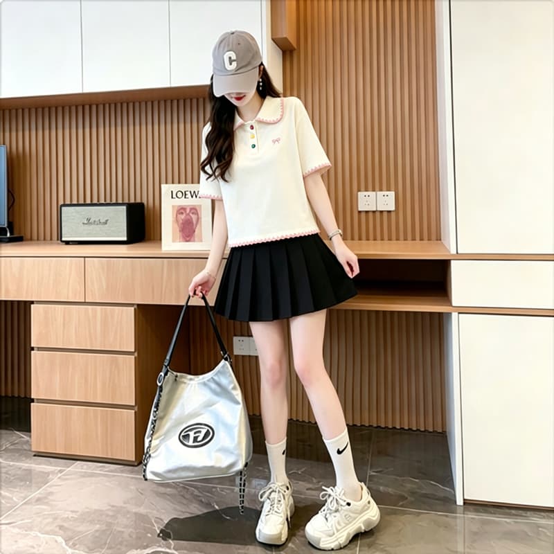 실사 40 92 면 2026 여름 POLO 칼라 쇼트 스타일 반팔 티셔츠 여성 자수 나비 매듭 동정 맨위 상세 이미지 5