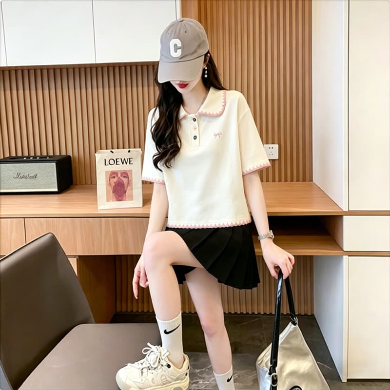 실사 40 92 면 2026 여름 POLO 칼라 쇼트 스타일 반팔 티셔츠 여성 자수 나비 매듭 동정 맨위 상세 이미지 6