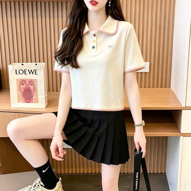 실사 40 92 면 2026 여름 POLO 칼라 쇼트 스타일 반팔 티셔츠 여성 자수 나비 매듭 동정 맨위 상세 이미지 7