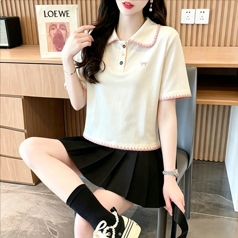 실사 40 92 면 2026 여름 POLO 칼라 쇼트 스타일 반팔 티셔츠 여성 자수 나비 매듭 동정 맨위 상세 이미지 8