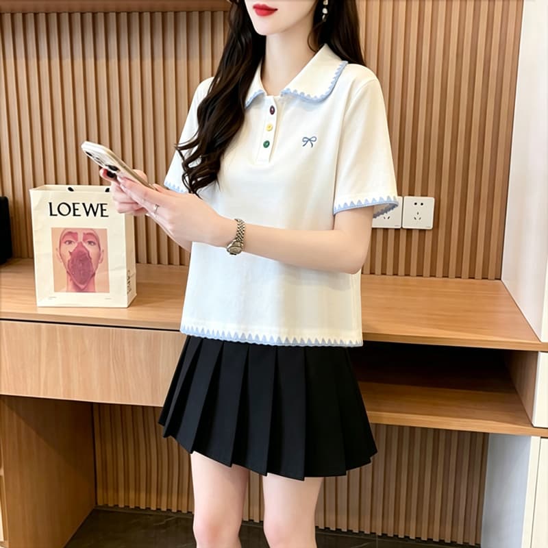 실사 40 92 면 2026 여름 POLO 칼라 쇼트 스타일 반팔 티셔츠 여성 자수 나비 매듭 동정 맨위 상세 이미지 10