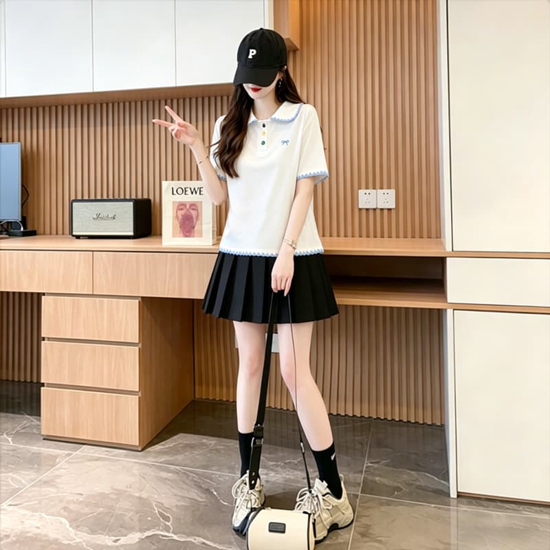 실사 40 92 면 2026 여름 POLO 칼라 쇼트 스타일 반팔 티셔츠 여성 자수 나비 매듭 동정 맨위 상세 이미지 12