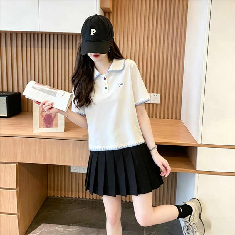 실사 40 92 면 2026 여름 POLO 칼라 쇼트 스타일 반팔 티셔츠 여성 자수 나비 매듭 동정 맨위 이미지 3