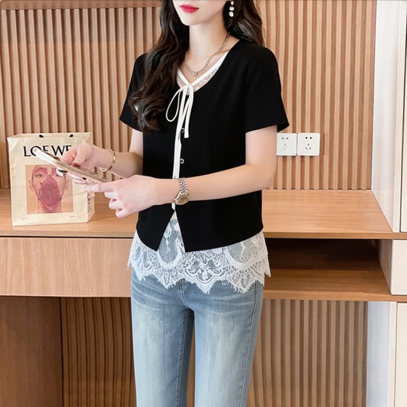 실사 40 92 면 2026 여름 레이스 조각 레이스업 반팔 티셔츠 여성 페이크 레이어드 동정 맨위