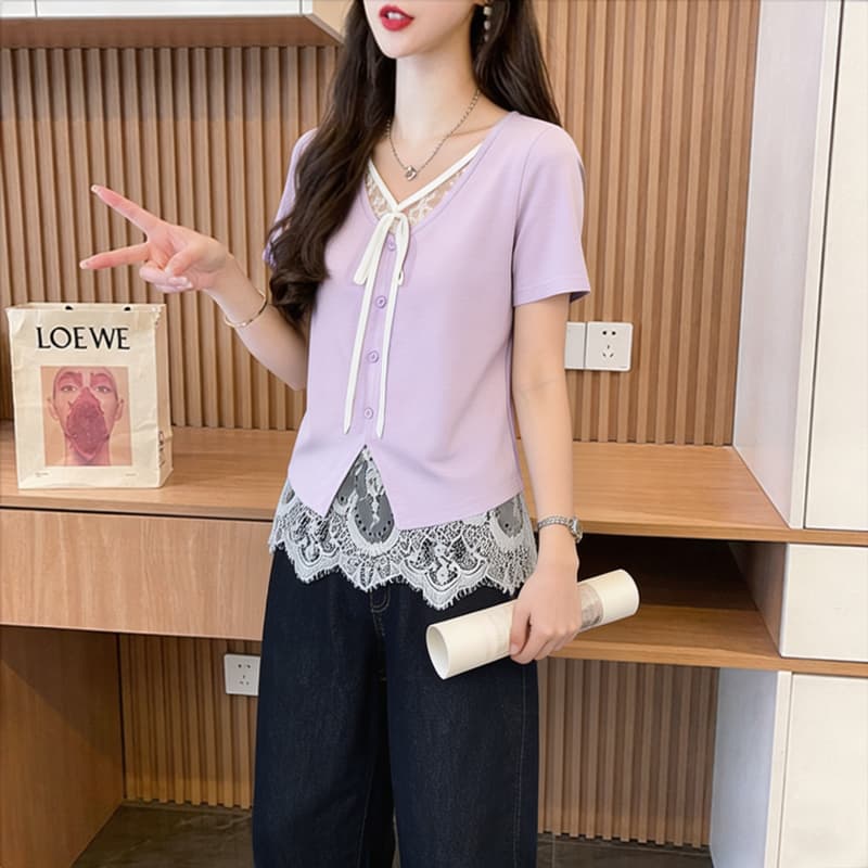 실사 40 92 면 2026 여름 레이스 조각 레이스업 반팔 티셔츠 여성 페이크 레이어드 동정 맨위 이미지 5
