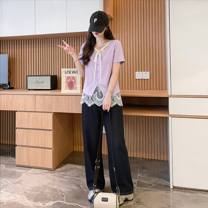 실사 40 92 면 2026 여름 레이스 조각 레이스업 반팔 티셔츠 여성 페이크 레이어드 동정 맨위 상세 이미지 5
