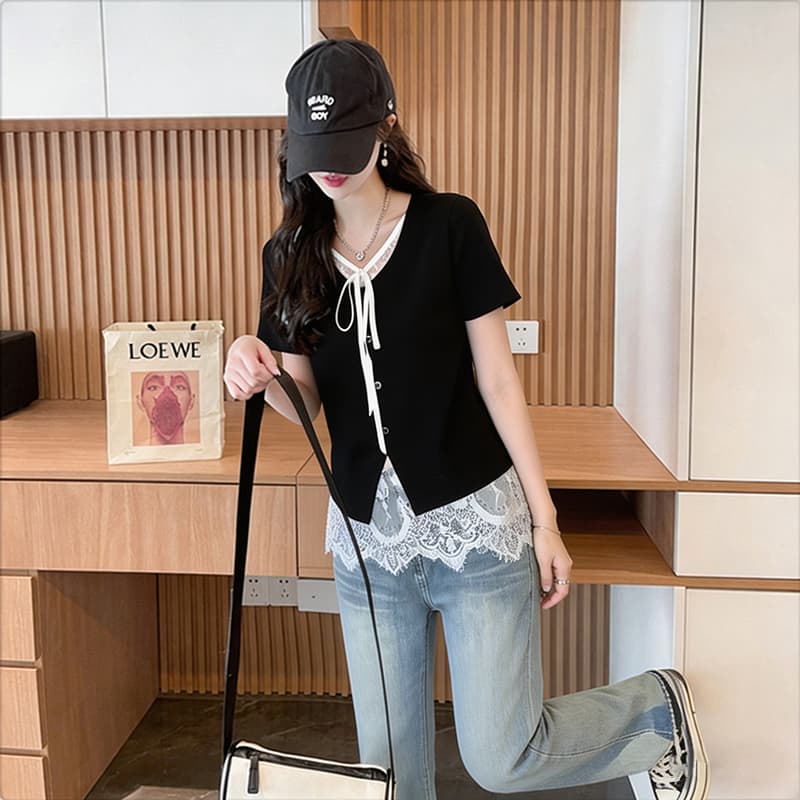 실사 40 92 면 2026 여름 레이스 조각 레이스업 반팔 티셔츠 여성 페이크 레이어드 동정 맨위 상세 이미지 9