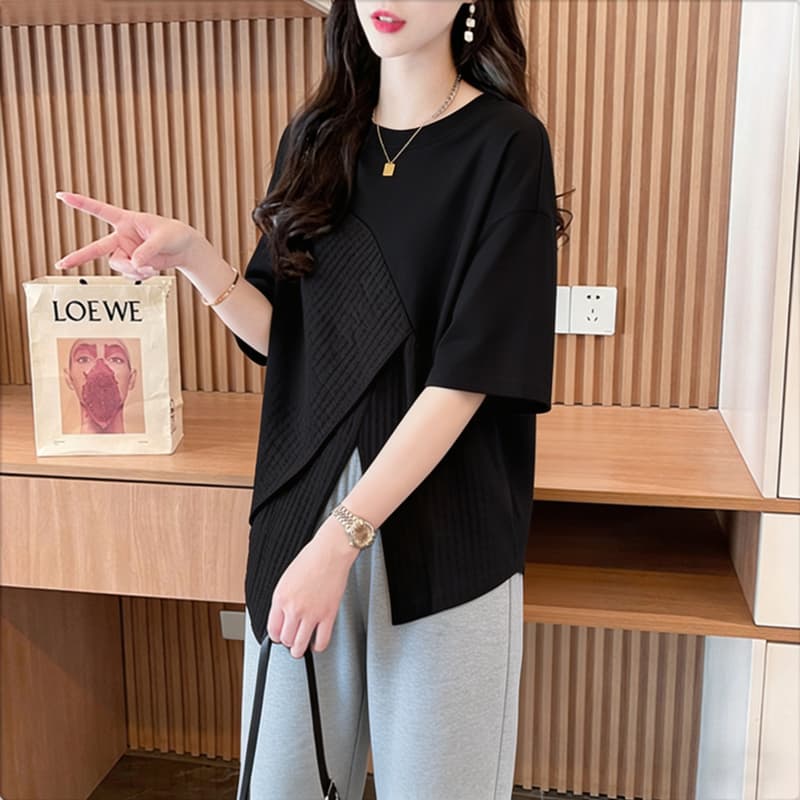 실사 순면 21 200그램 2026 여름 불규칙 패치워크 트임 루즈핏 반팔 티셔츠 여성 이미지 5